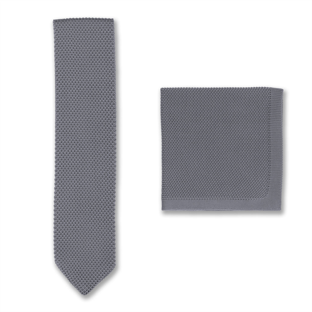 Grey Knitted Tie and Pocket Square Set