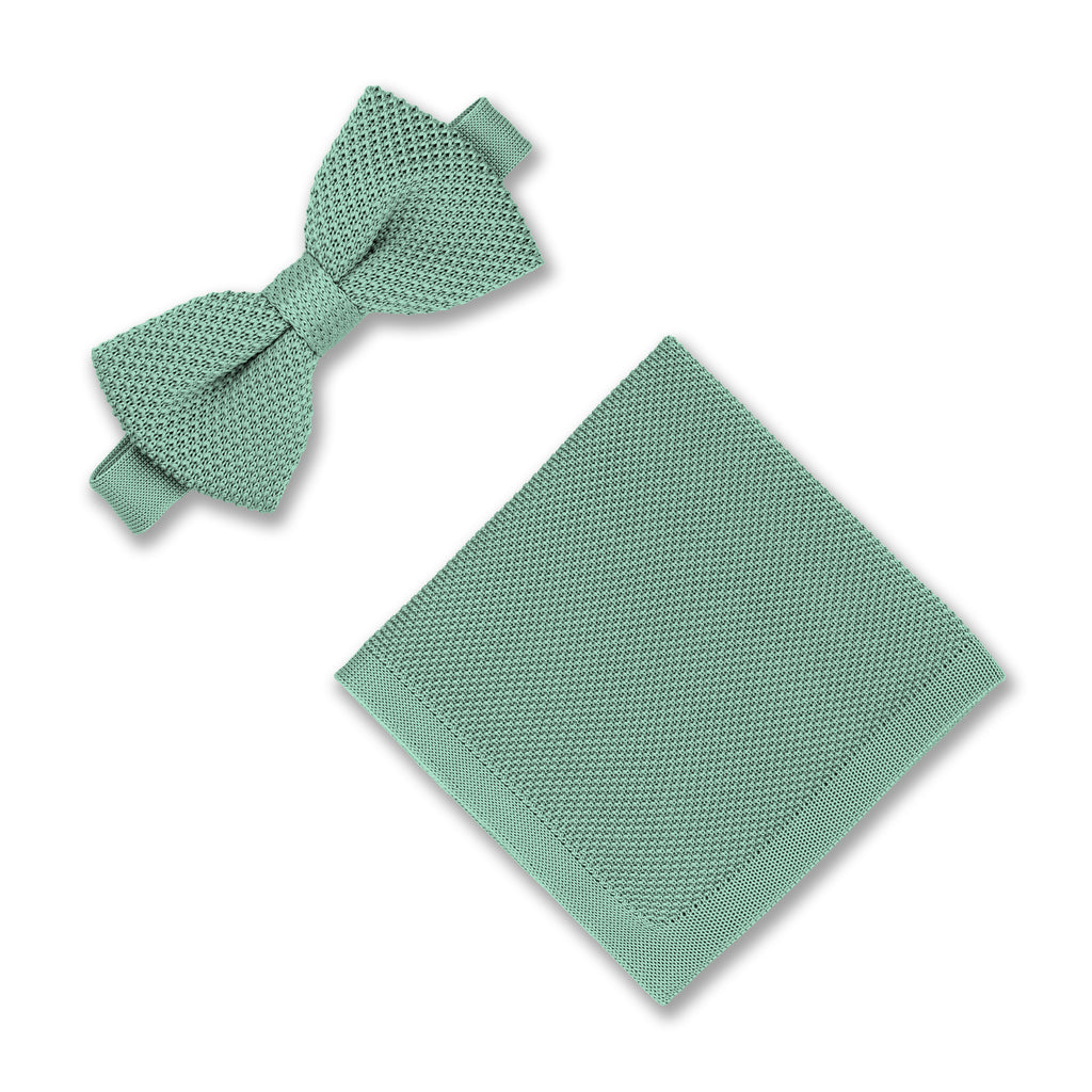 a wide range of green knitted bow tie and pocket square sets