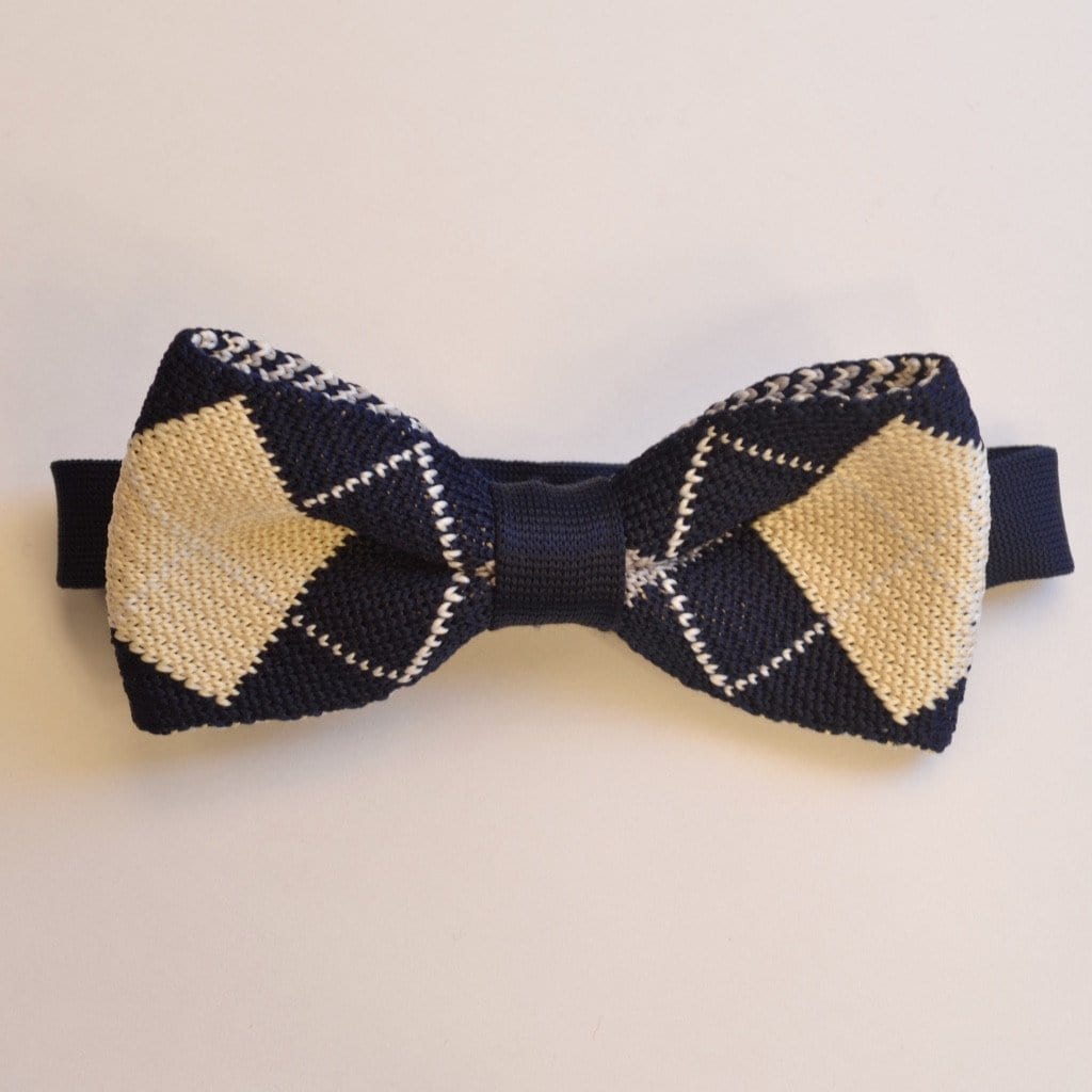 Navy Blue and Cream Diamond knitted bow tie