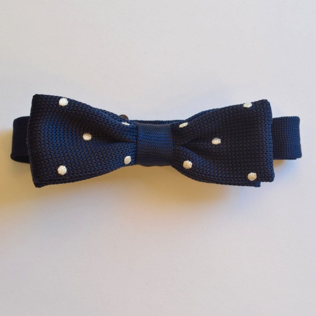 Slim Navy Blue and White Polka Dot Knitted Bow Tie