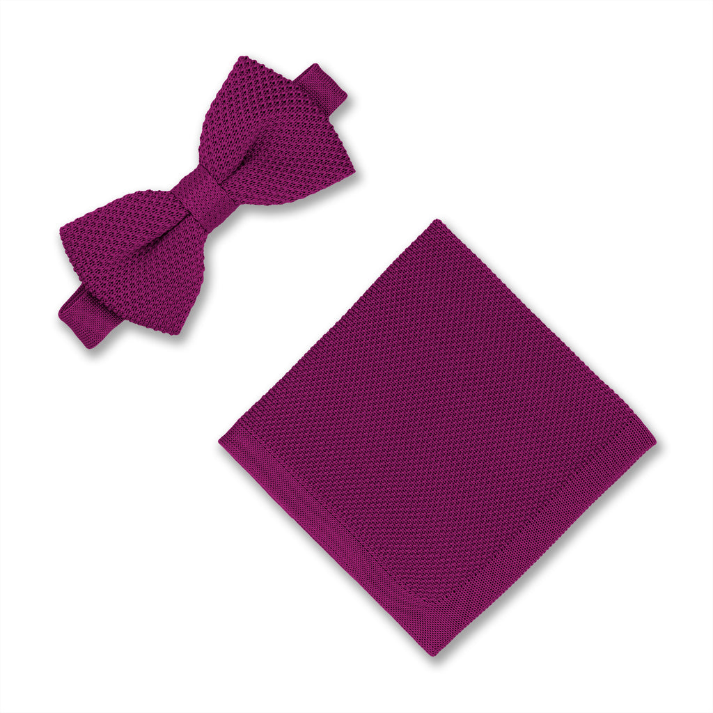 Berry Pink Knitted bow Tie and pocket square set wedding accessories for groomsmen