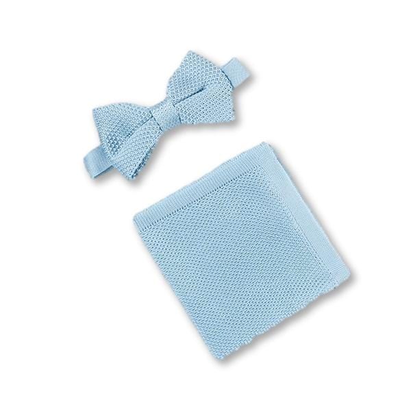 Misty blue knitted bow tie and pocket square set