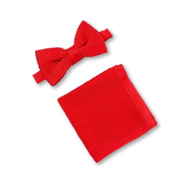 Pillar box red knitted bow tie and pocket square set