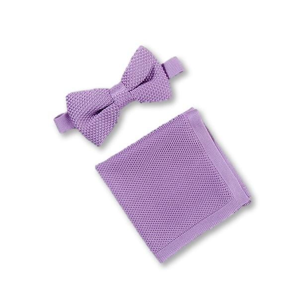 Purple knitted bow tie and pocket square set