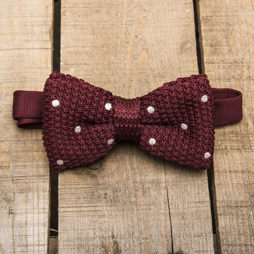 Burgundy and White Spotted Bow Tie