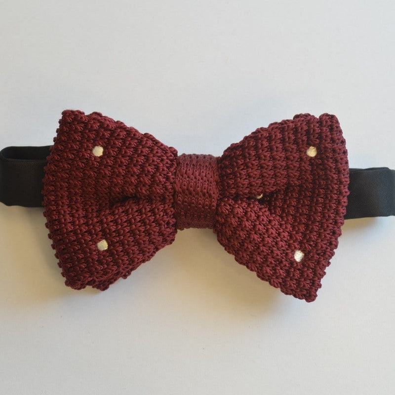 Burgundy and White Spotted Knitted Bow Tie