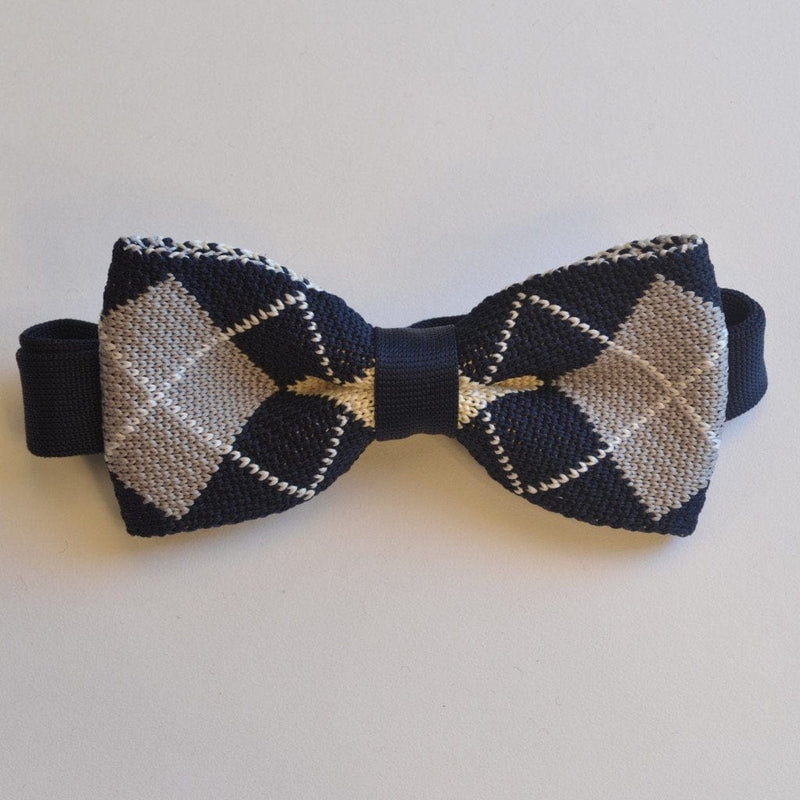 Navy Blue and Grey Diamond Knitted Bow Tie