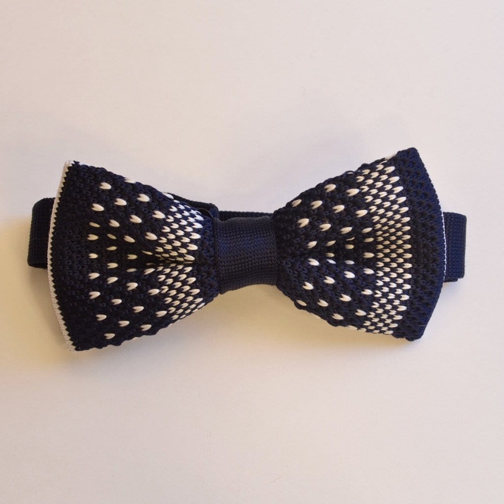 Navy Blue and White Detailed Knitted Bow Tie