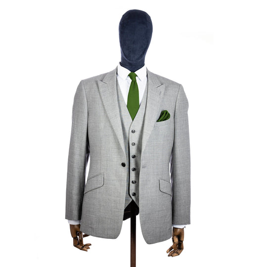 Dark olive green  knitted tie and pocket square set with grey suit